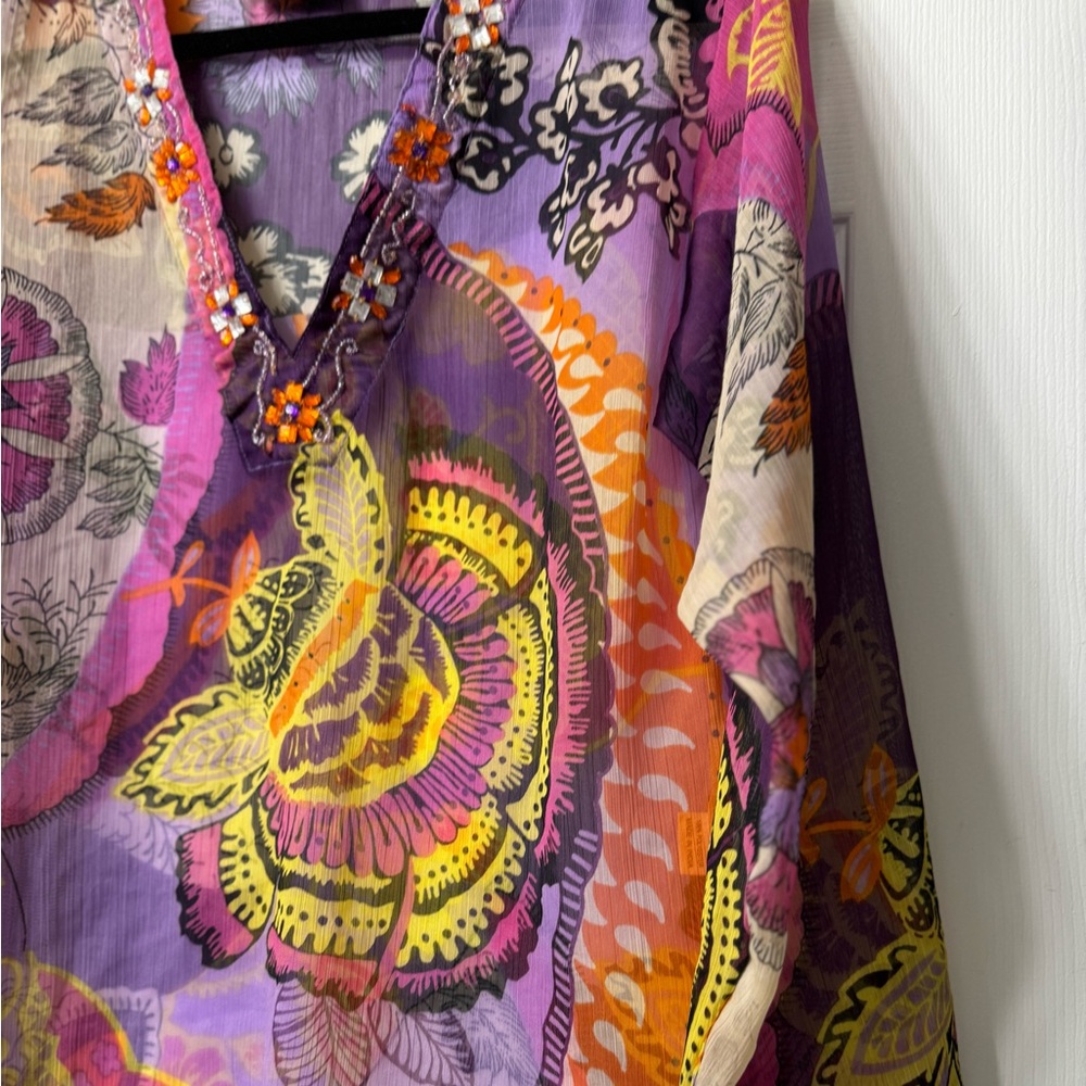 India boutique cover-up, S, orange, purple and yellow, very sheer, NWOT - Picture 3 of 11